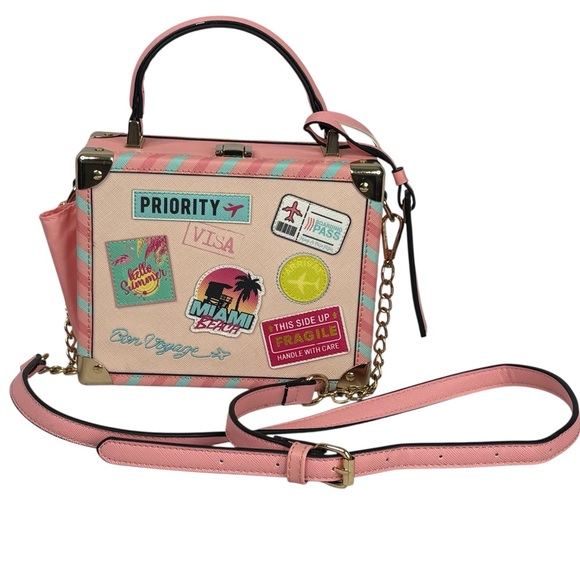 Aldo Pink Bon Voyage Travel Themed Clasp Close Suitcase Luggage Crossbody Purse - Picture 2 of 16
